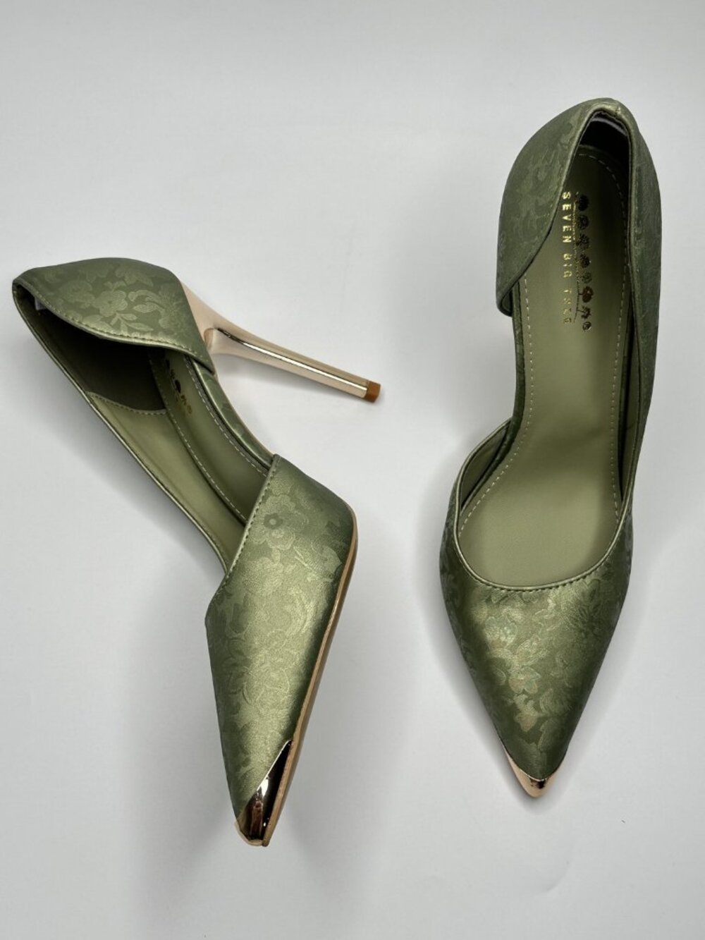 Seven Big Tree Green Floral Jacquard High Heel Pumps Size 42